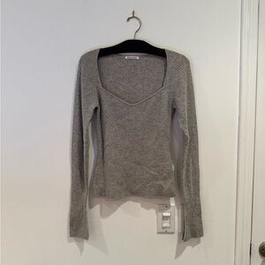 Reformation Gray Ribbed V-Neck Long-Sleeve Top